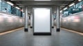 Empty advertisement display in NYC subway station. Fast moving train visible in background. Modern marketing Royalty Free Stock Photo