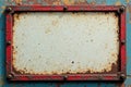 Empty, aged metal sign; rectangular frame, peeling paint, blank, retro