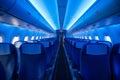 Empty aircraft blue interior light. Generate Ai