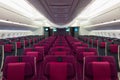 Empty aircraft cabin interior due to covid-19 medical global emergency pandemy. Transportation lockdown airline company economy