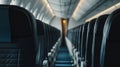 Empty airplane cabin with blue seats and a view down the aisle from a passenger perspective Royalty Free Stock Photo