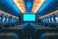 Empty Airplane Cabin with Illuminated Blue Screen, Modern Passenger Aircraft Interior Royalty Free Stock Photo