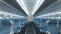 Empty airplane interior with rows of blue seats. Commercial jet cabin with LED lighting. Modern air travel, no