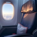 Empty airplane seats, tranquil windows, inviting comfort in budget travel