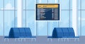Empty airport arrival waiting room or departure lounge with chairs and information panels. Terminal hall with big airport window. Royalty Free Stock Photo