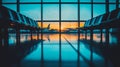 Empty Airport Seats with a Sunset View and Airplane Silhouette Royalty Free Stock Photo