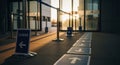 Empty airport security checkpoint with directional arrows on the floor at sunset Royalty Free Stock Photo