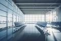 Empty airport terminal interior with rows of seats. Generative AI Royalty Free Stock Photo