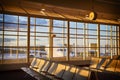 Empty airport terminal lounge with airplane on background