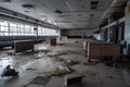 empty airport terminal, with luggage carts and passenger benches strewn about in disarray Royalty Free Stock Photo