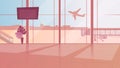 Empty airport waiting room flat vector illustration. Terminal sunlit hall with panoramic windows. Monitor with arrival schedule. Royalty Free Stock Photo