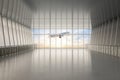 Empty airport walkway interior with window glasses