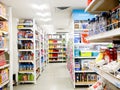 Empty aisles with electrical boards, bottles and storge containers