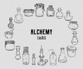 Empty alchemy jars for potions collection. Magic bottles for halloween decoration. Royalty Free Stock Photo