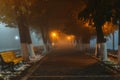 Empty alley at foggy street at night city Royalty Free Stock Photo