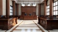 Empty American Style Courtroom. Supreme Court of Law and Justice Trial Stand. Courthouse Before Civil Case Hearing