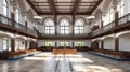 Empty American Style Courtroom. Supreme Court of Law and Justice Trial Stand. Courthouse Before Civil Case Hearing