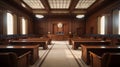 Empty American Style Courtroom. Supreme Court of Law and Justice Trial Stand. Courthouse Before Civil Case Hearing