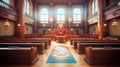 Empty American Style Courtroom. Supreme Court of Law and Justice Trial Stand. Courthouse Before Civil Case Hearing