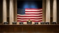 Empty American Style Courtroom. Supreme Court of Law and Justice Trial Stand. Courthouse Before Civil Case Hearing