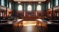 Empty American Style Courtroom. Supreme Court of Law and Justice Trial Stand. Courthouse Before Civil Case Hearing