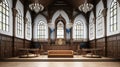 Empty American Style Courtroom. Supreme Court of Law and Justice Trial Stand. Courthouse Before Civil Case Hearing