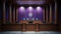 Empty American Style Courtroom. Supreme Court of Law and Justice Trial Stand. Courthouse Before Civil Case Hearing