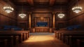 Empty American Style Courtroom. Supreme Court of Law and Justice Trial Stand. Courthouse Before Civil Case Hearing