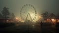 Empty amusement park with a Ferris wheel on a misty night. Mysterious and eerie atmosphere. Generative AI Royalty Free Stock Photo