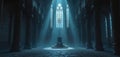 Empty ancient church hall with stone floor columns and tall windows. A throne sits on steps bathed in divine light from above. Royalty Free Stock Photo