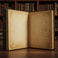 An empty antique book is opened in the middle of the library. Royalty Free Stock Photo