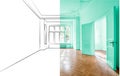 Empty apartment room after renovation and design planning sketch merged Royalty Free Stock Photo