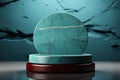 Empty aquamarine mineral stone product display on blue backdrop. Blank cosmetic podium platform stage. Natural round marble rock