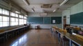 Empty Asian classroom with rows of desks and chairs at a school during quarantine period Royalty Free Stock Photo