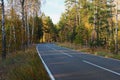 Empty asphalt curved road in golden autumn forest. Colorful vibrant tree corridor landscape during the autumn season. Royalty Free Stock Photo