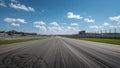 Empty asphalt racetrack stretching toward a bright horizon under a dramatic blue sky with scattered white clouds suggesting Royalty Free Stock Photo