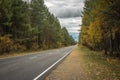 Empty asphalt road along an autumn forest with golden fall foliage, stretching into the distance to the misty mountains Royalty Free Stock Photo