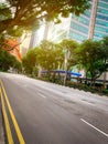 Empty asphalt road in city. Green city with skyscraper modern office building. Business and financial center glass building. City Royalty Free Stock Photo