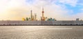 Empty asphalt road and city skyline landscape at sunset in Shanghai Royalty Free Stock Photo