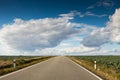 Empty asphalt road with field on sides and blue sky with clouds Royalty Free Stock Photo