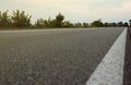 Empty asphalt road and floral field of different grass and flowers in evening time Royalty Free Stock Photo