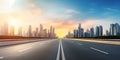 Empty asphalt road with modern city skyline background at sunset, panorama, Generative AI illustrations Royalty Free Stock Photo