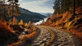 Empty asphalt road and mountain natural scenery on a sunny day. Fall time, autumn scene Royalty Free Stock Photo