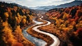 Empty asphalt road and mountain natural scenery on a sunny day. Fall time, autumn scene Royalty Free Stock Photo