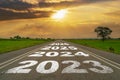 Empty asphalt road and New year 2023 concept. Driving on an empty road to 2023 with sunset Royalty Free Stock Photo