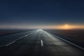 Empty asphalt road at night with stars and moon in the sky, Panoramic view of the empty highway through the fields in a fog at Royalty Free Stock Photo