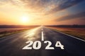 empty asphalt road with the numbers 2024 superimposed on it, symbolizing a journey towards new goals in the coming year