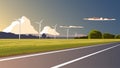 Empty asphalt road passing wide open fields and towers of wind turbines spinning electricity. Royalty Free Stock Photo