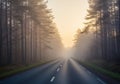 Empty asphalt road runs through a dense forest, lined with tall, Royalty Free Stock Photo