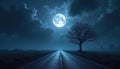 Empty asphalt road stretches into distance under bright full moon. Lone bare tree stands beside path under cloudy night sky. Royalty Free Stock Photo